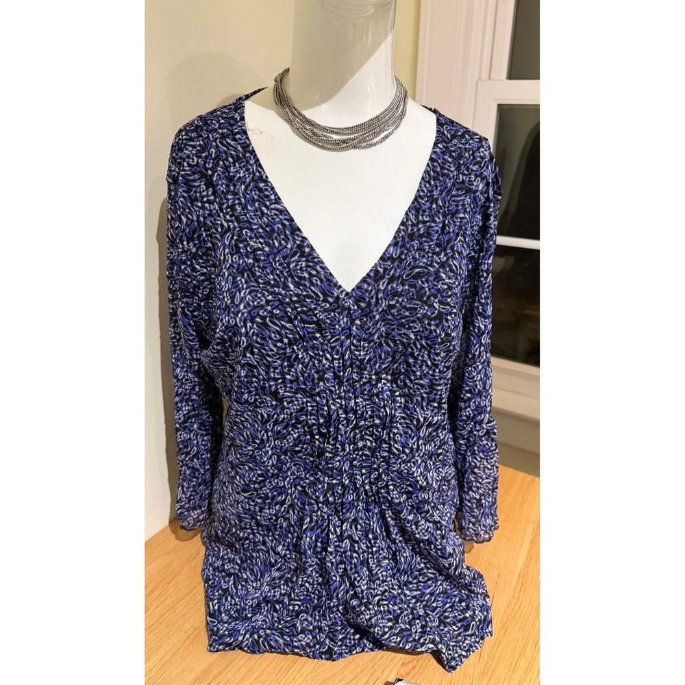 WORTHINGTON Womens Blue Black Abstract Print V Neck Ruched Long Sleeve Top‎ L